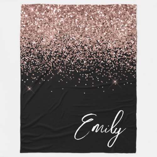 Girly Black Rose Gold Blush Pink Glitter Monogram Fleece Blanket