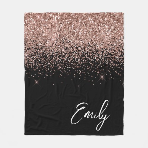 Girly Black Rose Gold Blush Pink Glitter Monogram Fleece Blanket