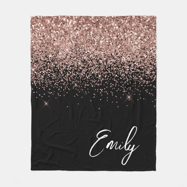 Girly Black Rose Gold Blush Pink Glitter Monogram Fleece Blanket (Front)