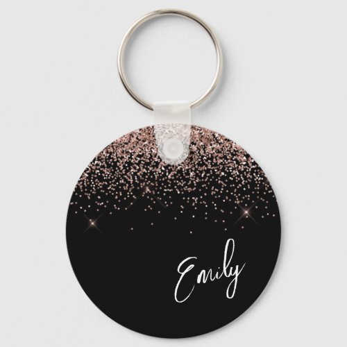 Girly Black Rose Gold Blush Pink Glitter Monogram Keychain