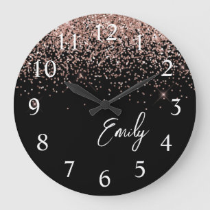 Girly Black Rose Gold Blush Pink Glitter Monogram Large Clock