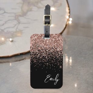 Girly Black Rose Gold Blush Pink Glitter Monogram Luggage Tag