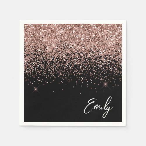 Girly Black Rose Gold Blush Pink Glitter Monogram Napkins