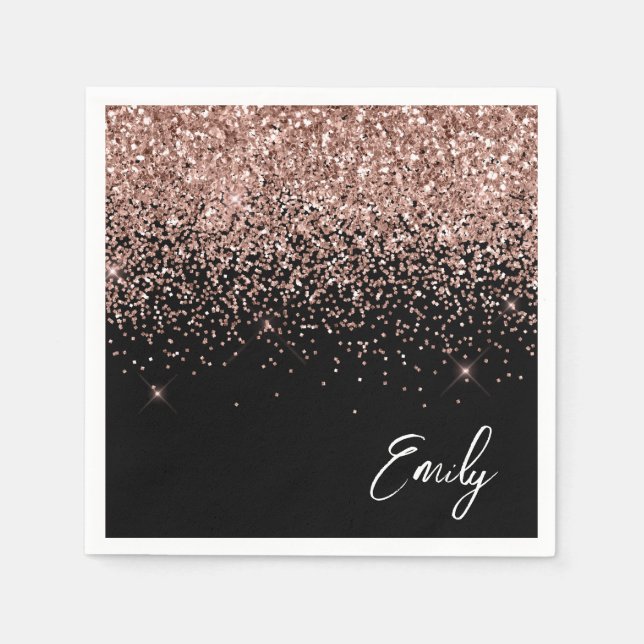 Girly Black Rose Gold Blush Pink Glitter Monogram Napkins (Front)