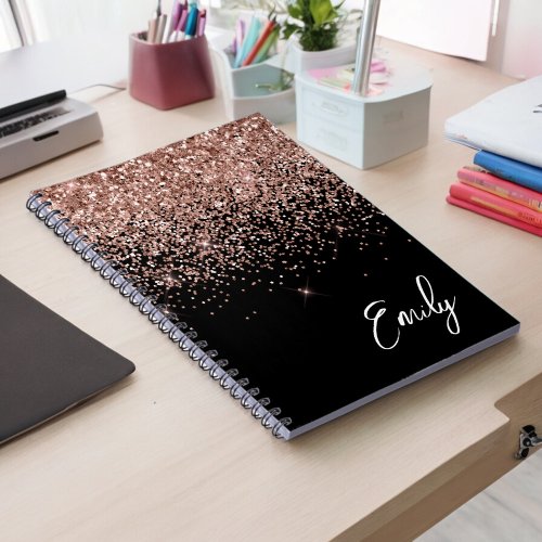 Girly Black Rose Gold Blush Pink Glitter Monogram Notebook