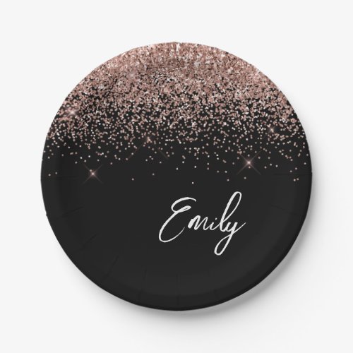 Girly Black Rose Gold Blush Pink Glitter Monogram Paper Plates