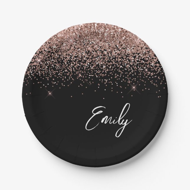 Girly Black Rose Gold Blush Pink Glitter Monogram Paper Plates (Front)