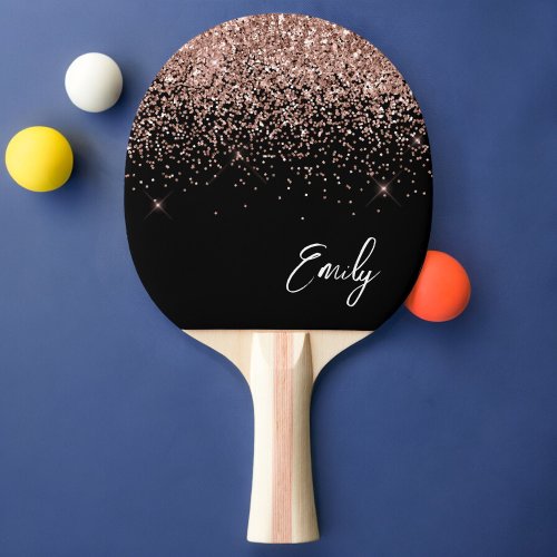 Girly Black Rose Gold Blush Pink Glitter Monogram Ping Pong Paddle