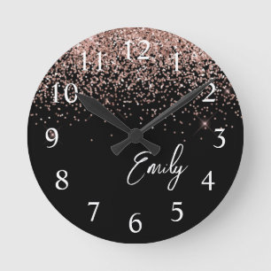 Girly Black Rose Gold Blush Pink Glitter Monogram Round Clock