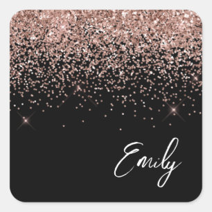 Girly Black Rose Gold Blush Pink Glitter Name Square Sticker