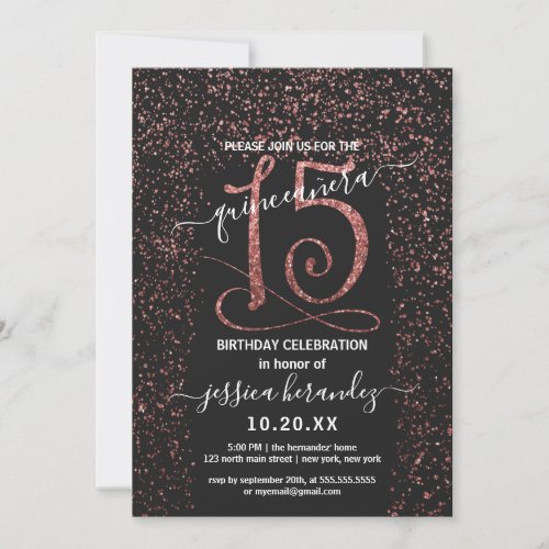 Girly Black Rose Gold Confetti Border Quinceaera Invitation