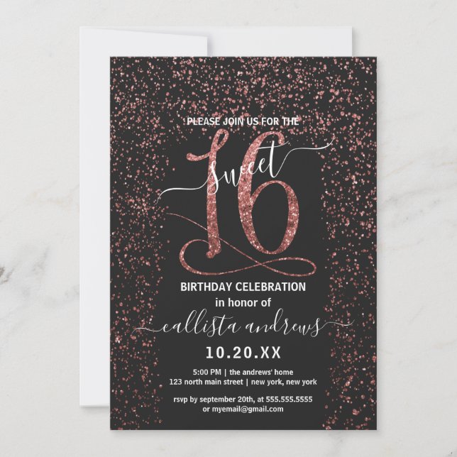 Girly Black Rose Gold Confetti Border Sweet 16 Invitation (Front)