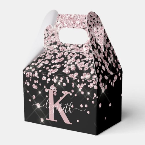 Girly Black Rose Gold Glitter Diamond Monogram Favor Boxes