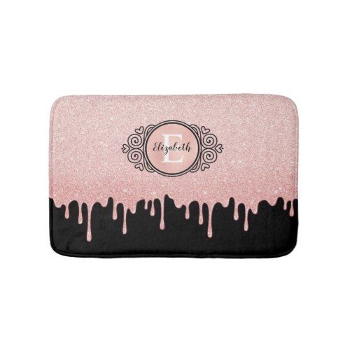 Girly Black Rose Gold Glitter Drips Bath Mat