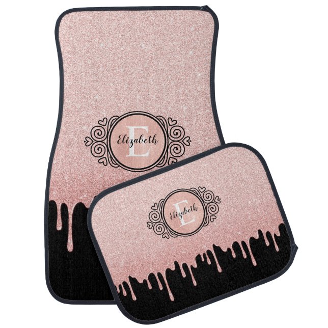 Girly Black Rose Gold Glitter Drips Car Floor Mat (Set)