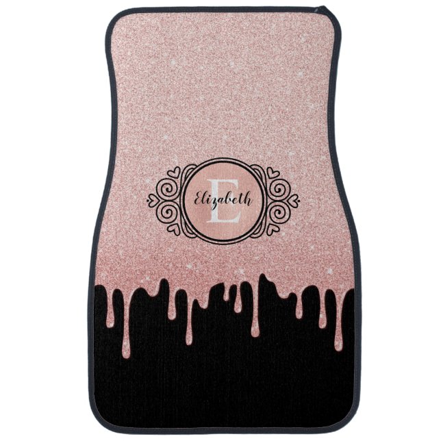 Girly Black Rose Gold Glitter Drips Car Floor Mat (Front)