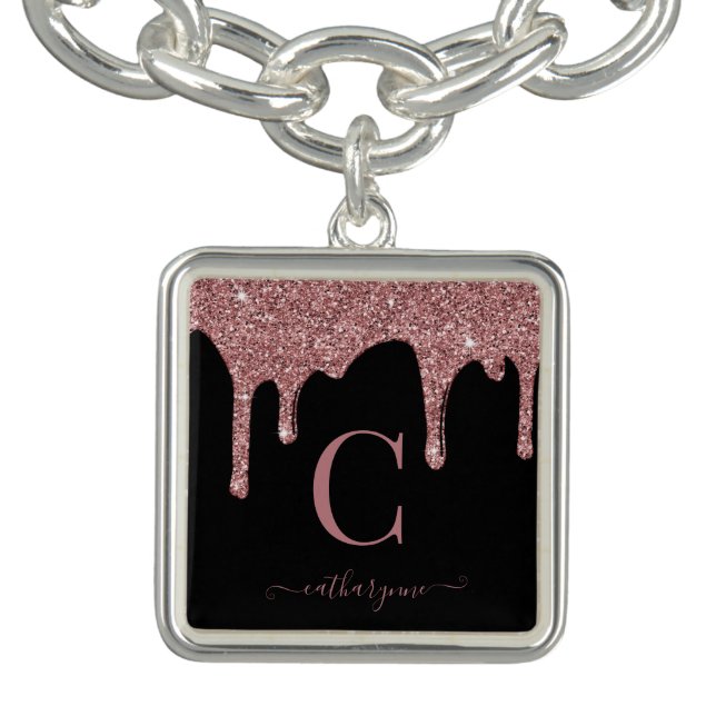 Girly Black Rose Gold Glitter Drips Monogram Bracelet (Design)