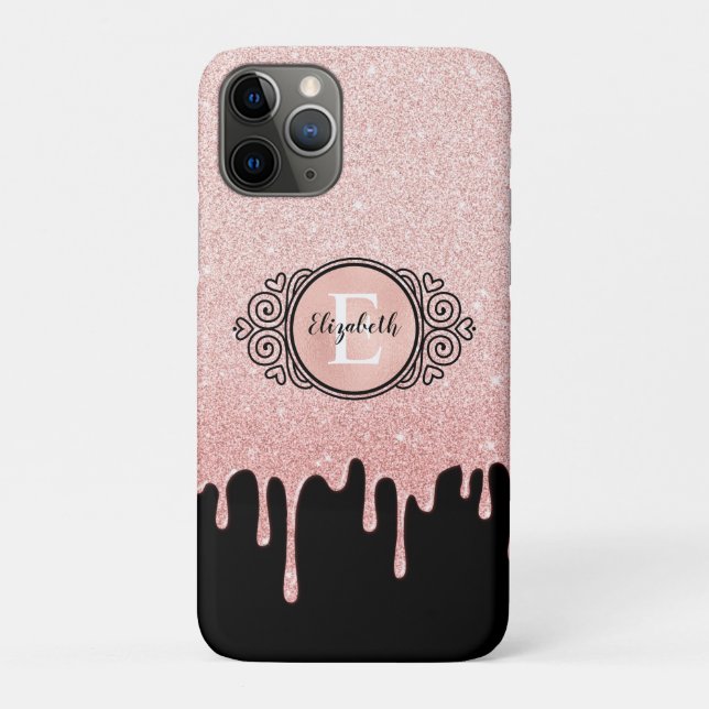 Girly Black Rose Gold Glitter Drips Monogram Case-Mate iPhone Case (Back)
