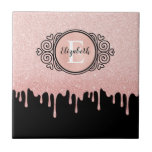Girly Black Rose Gold Glitter Drips Monogram  Ceramic Tile<br><div class="desc">A girly black and rose gold glitter drips ceramic tile with an elegant scroll monogram. Personalize it for yourself or for a gift! Designed for you by Blackberry Boulevard.</div>
