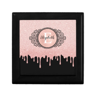 Girly Black Rose Gold Glitter Drips Monogram Gift Box