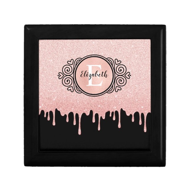 Girly Black Rose Gold Glitter Drips Monogram Gift Box (Front)