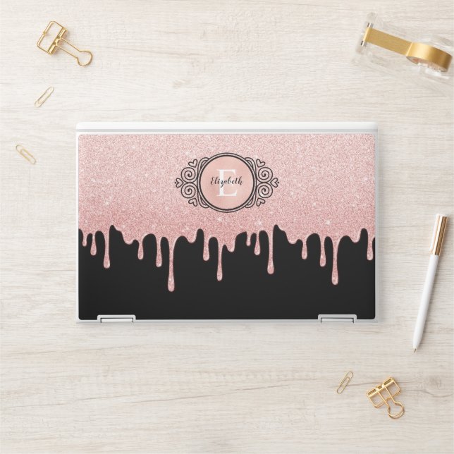 Girly Black Rose Gold Glitter Drips Monogram HP Laptop Skin (Desk)