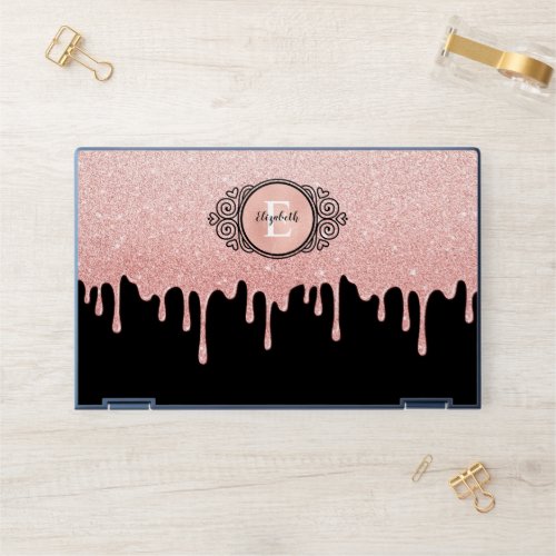 Girly Black Rose Gold Glitter Drips Monogram HP Laptop Skin