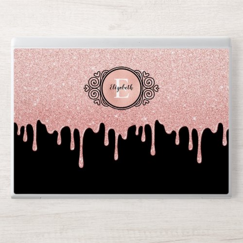 Girly Black Rose Gold Glitter Drips Monogram HP Laptop Skin