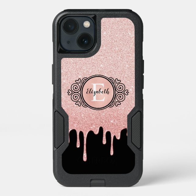 Girly Black Rose Gold Glitter Drips Monogram Lapto Otterbox iPhone Case (Back)