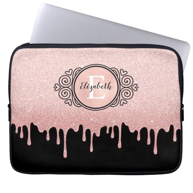 Girly Black Rose Gold Glitter Drips Monogram Laptop Sleeve (Front)