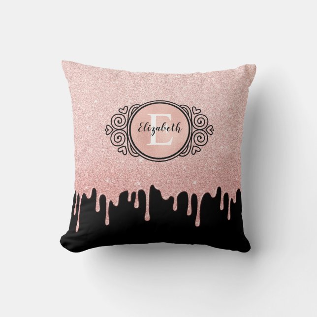 Girly Black Rose Gold Glitter Drips Monogram Throw Pillow (Front)