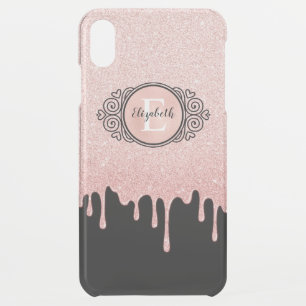 Girly Black Rose Gold Glitter Drips Monogram iPhone XS Max Case