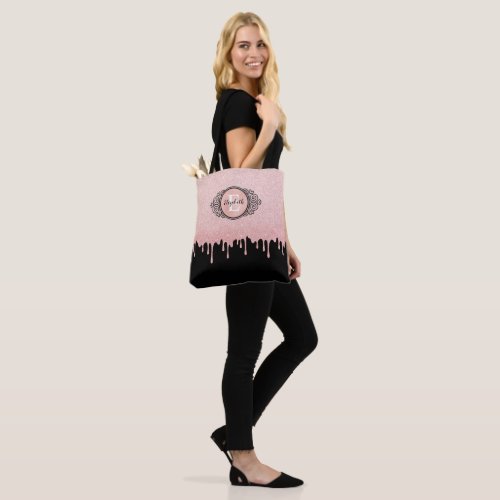 Girly Black Rose Gold Glitter Drips Tote Bag