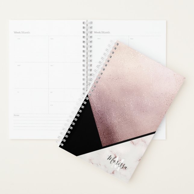 Girly Black & Rose Gold Marble Abstract Monogram Planner (Display)