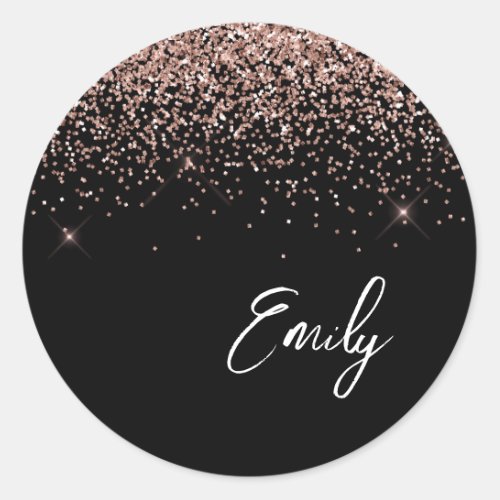 Girly Black Rose Gold Monogram Glam Name Classic Round Sticker