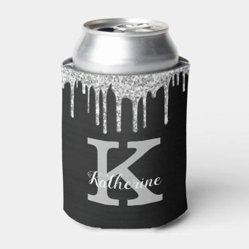 Girly Black Silver Glitter Drips Monogram Name Can Cooler