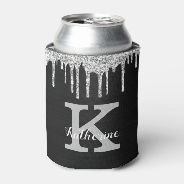 Girly Black Silver Glitter Drips Monogram Name Can Cooler (Can Front)