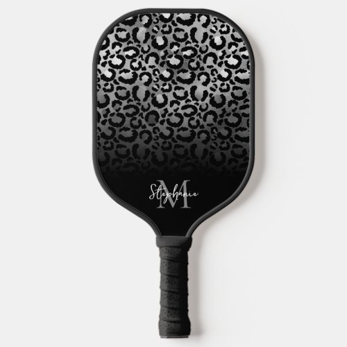 Girly Black Silver Leopard Ombre Monogram Pickleball Paddle