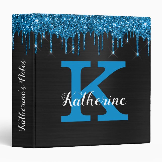 Girly Black Teal Blue Glitter Drips Monogram Name 3 Ring Binder (Front/Spine)