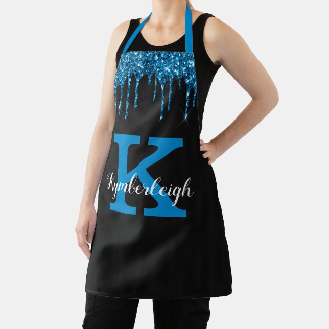 Girly Black Teal Blue Glitter Drips Monogram Name Apron (Insitu)
