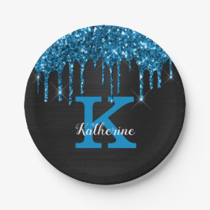 Girly Black Teal Blue Glitter Drips Monogram Name Paper Plates