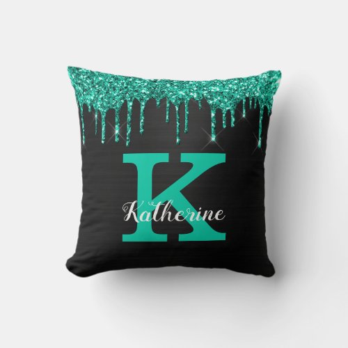 Girly Black Teal Green Glitter Drips Monogram Name Throw Pillow