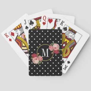 Girly Black Vintage Floral Polka Dots Monogram Poker Cards