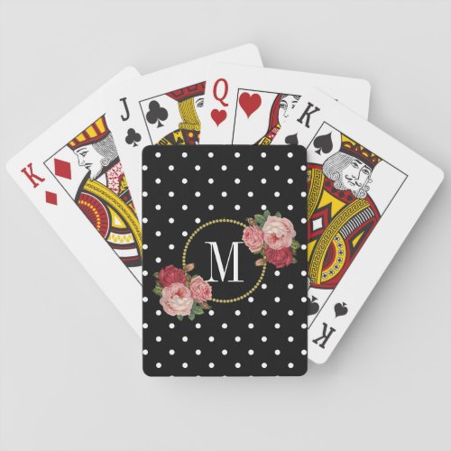 Girly Black Vintage Floral Polka Dots Monogram Poker Cards