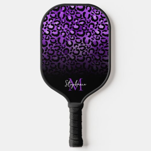 Girly Black Violet Leopard Ombre Monogram Pickleball Paddle