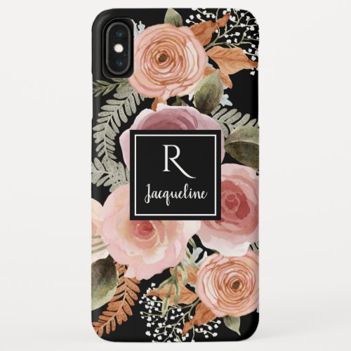 Girly Black Watercolor Floral BOHO Greenery Name iPhone XS Max Case