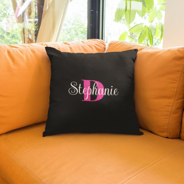 Girly Black White and Hot Pink Modern Monogram Throw Pillow (Girly monogrammed black, white and hot pink throw pillow for her.)