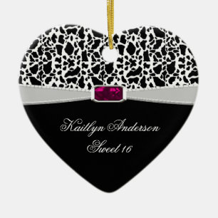 Girly Black White and Pink Jewel Sweet 16 Keepsake Ceramic Ornament