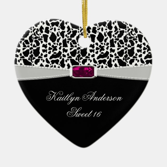 Girly Black White and Pink Jewel Sweet 16 Keepsake Ceramic Ornament (Front)
