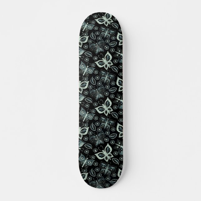 Girly Black & White Butterfly Pattern Skateboard  (Front)